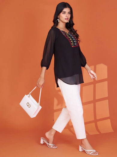 Marvelous Black Embroidered Georgette Casual Wear Top